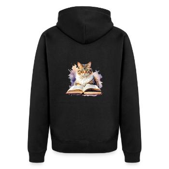 Cat with book - Unisex Premium Organic Zip Hoodie - black - Back - Nico (187cm)