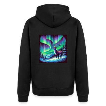 Hirsch Aurora Borealis - Unisex Premium Bio Zip Hoodie - Schwarz - Hinten - Nico (187cm)