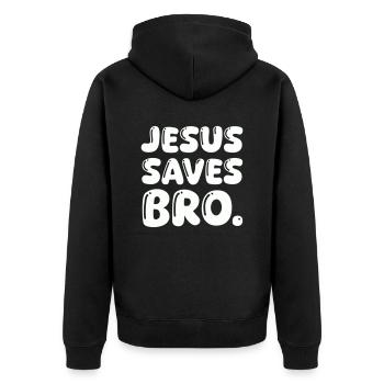 jesus saves bro - Unisex Premium Bio Zip Hoodie - Schwarz - Hinten - Nico (187cm)