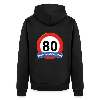 1055 stop sign 80years - Unisex Premium Organic Zip Hoodie - black - Back - Nico (187cm)
