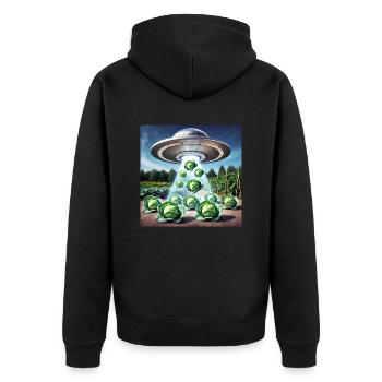 UFO & Kohl - Green Invasion - Unisex Premium Bio Zip Hoodie - Schwarz - Hinten - Nico (187cm)