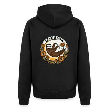Lebe Slow Sloth - Unisex Premium Bio Zip Hoodie - Schwarz - Hinten - Nico (187cm)