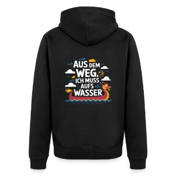 Aus dem Weg, ich muss aufs Wasser - Unisex Premium Bio Zip Hoodie - Schwarz - Hinten - Nico (187cm)