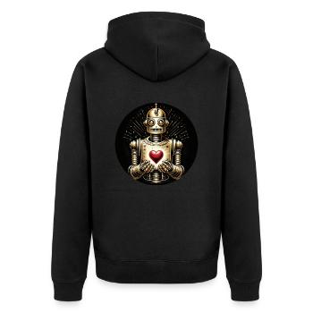 Goldener Roboter mit rotem Herz - Unisex Premium Bio Zip Hoodie - Schwarz - Hinten - Nico (187cm)
