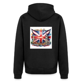 Watercolour Union Jack with British Landmarks - Unisex Premium Organic Zip Hoodie - black - Back - Nico (187cm)