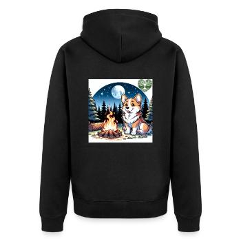 Corgi am Lagerfeuer in der Nacht - Unisex Premium Bio Zip Hoodie - Schwarz - Hinten - Nico (187cm)