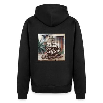 But first Coffee - Unisex Premium Bio Zip Hoodie - Schwarz - Hinten - Nico (187cm)