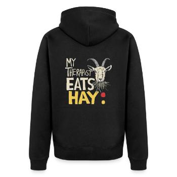 Ziegen-Humor – Mein Therapeut frisst Heu - Unisex Premium Bio Zip Hoodie - Schwarz - Hinten - Nico (187cm)
