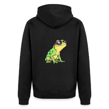 Skurriler Frosch mit roter und blauer Sonnenbrille, Casual - Unisex Premium Bio Zip Hoodie - Schwarz - Hinten - Nico (187cm)