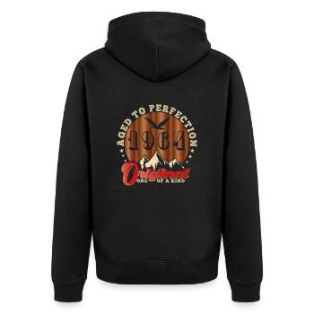 Ikonisches Jubiläum von 1964 - Unisex Premium Bio Zip Hoodie - Schwarz - Hinten - Nico (187cm)