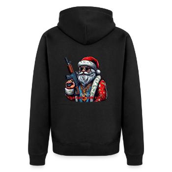 Weihnachtsmann mit AK 47 und lustigem Spruch - Unisex Premium Bio Zip Hoodie - Schwarz - Hinten - Nico (187cm)