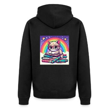 Süße Katze liest Bücher unter dem Regenbogen - Unisex Premium Bio Zip Hoodie - Schwarz - Hinten - Nico (187cm)