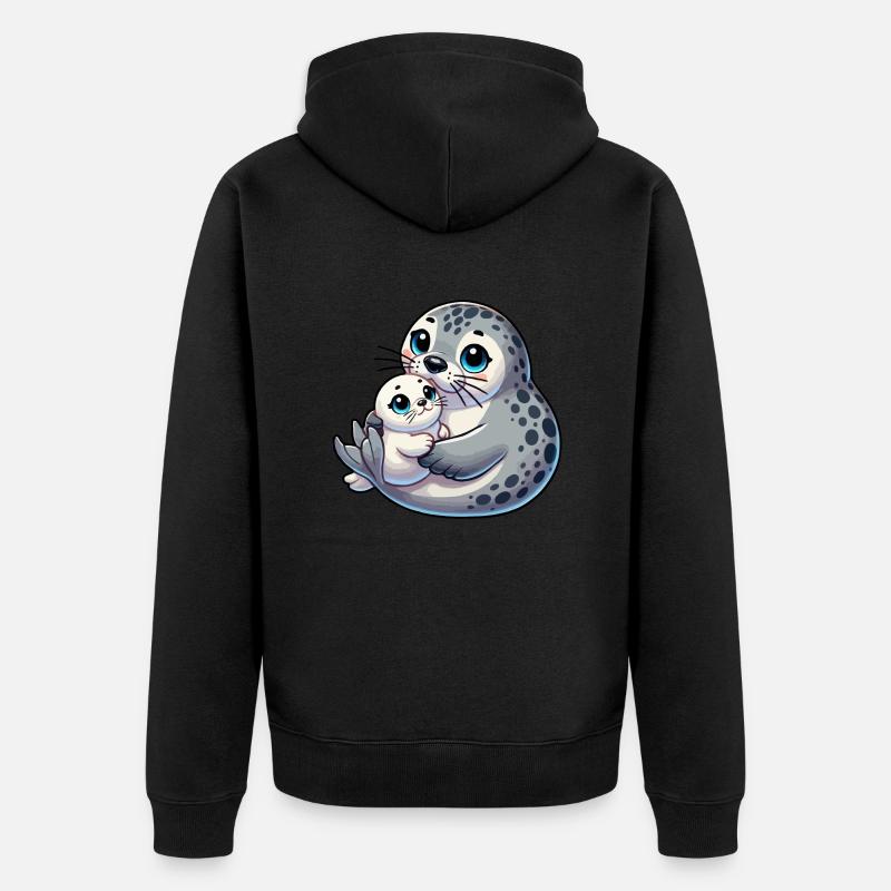 Robbenmutter mit Kind - Unisex Premium Bio Zip Hoodie - Schwarz