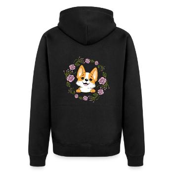 Peeking happy Corgi dog in floral wreath - Unisex Premium Organic Zip Hoodie - black - Back - Nico (187cm)