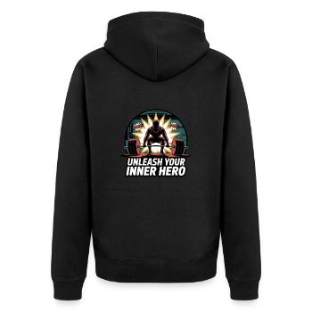 Unleach your inner hero - Unisex Premium Organic Zip Hoodie - black - Back - Nico (187cm)