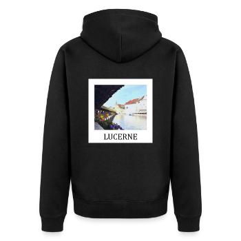 Luzern - Unisex Premium Bio Zip Hoodie - Schwarz - Hinten - Nico (187cm)