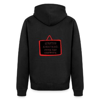 Bold "Question Everything" Philosophy Design - Unisex Premium Organic Zip Hoodie - black - Back - Nico (187cm)