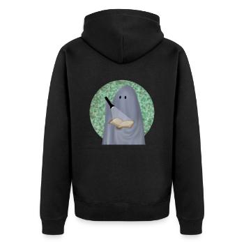 lesender Geist vor Tarnhintergrund - Unisex Premium Bio Zip Hoodie - Schwarz - Hinten - Nico (187cm)