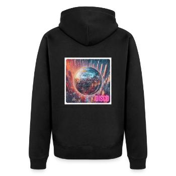 Discokugel vor Großstadt - Unisex Premium Bio Zip Hoodie - Schwarz - Hinten - Nico (187cm)