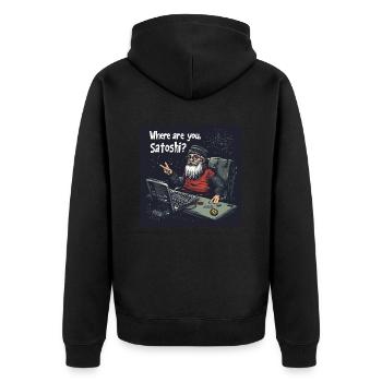 Bitcoin uncle Satoshi - Unisex Premium Bio Zip Hoodie - Schwarz - Hinten - Nico (187cm)