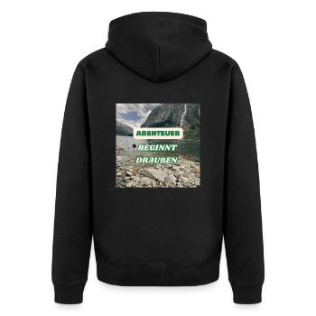Abenteuer beginnt draußen - Unisex Premium Bio Zip Hoodie - Schwarz - Hinten - Nico (187cm)