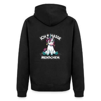Ich hasse Menschen Einhorn Lustig Bunt - Unisex Premium Bio Zip Hoodie - Schwarz - Hinten - Nico (187cm)
