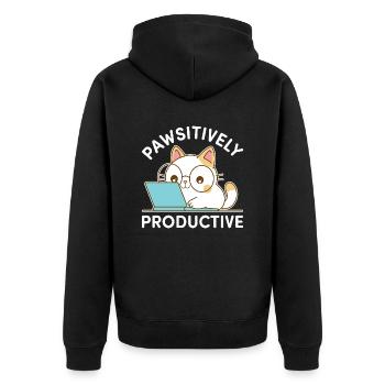 Pfotenproduktiv – Kawaii Cat bei der Arbeit - Unisex Premium Bio Zip Hoodie - Schwarz - Hinten - Nico (187cm)
