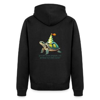 Partyschildkröte: Genieße mein Alter! - Unisex Premium Bio Zip Hoodie - Schwarz - Hinten - Nico (187cm)