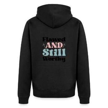 Unperfekt, aber wertvoll - Unisex Premium Bio Zip Hoodie - Schwarz - Hinten - Nico (187cm)