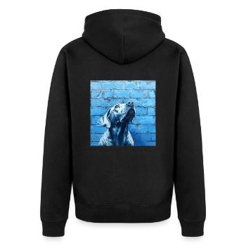 Dog looking up faithfully in front of the blue wall - Unisex Premium Organic Zip Hoodie - black - Back - Nico (187cm)