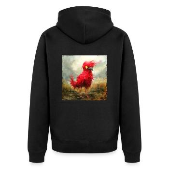 small red tousled bird with yellow eyes - Unisex Premium Organic Zip Hoodie - black - Back - Nico (187cm)