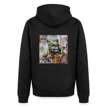 Graffiti grüner Frosch rostige Oberfläche - Unisex Premium Bio Zip Hoodie - Schwarz - Hinten - Nico (187cm)