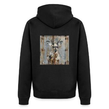 Graffiti Hirsch Rost Metall urban Containertür - Unisex Premium Bio Zip Hoodie - Schwarz - Hinten - Nico (187cm)