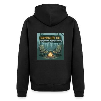 Entdecke unser hochwertiges Camperliebe 50+ Shirt - Unisex Premium Bio Zip Hoodie - Schwarz - Hinten - Nico (187cm)