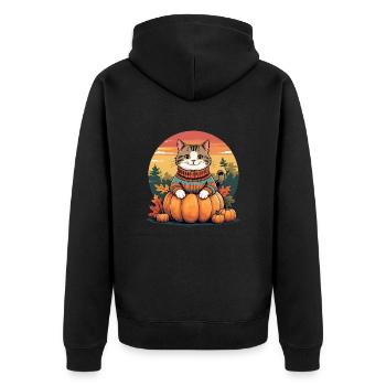 Herbstkatze auf Kürbis – cozy & cute - Unisex Premium Bio Zip Hoodie - Schwarz - Hinten - Nico (187cm)