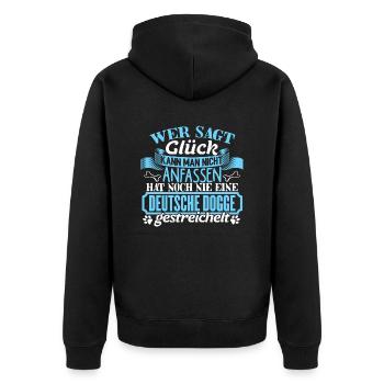 DEUTSCHE-DOGGE - Glück zum anfassen - Unisex Premium Bio Zip Hoodie - Schwarz - Hinten - Nico (187cm)