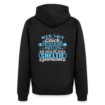 SHELTIE - Glück zum anfassen - Unisex Premium Bio Zip Hoodie - Schwarz - Hinten - Nico (187cm)