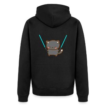 Süße Katze mit blauen Lichtschwertern - Unisex Premium Bio Zip Hoodie - Schwarz - Hinten - Nico (187cm)