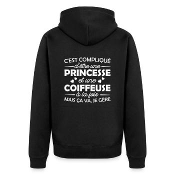 princesse et coiffeuse / humour coiffeuse - Veste à capuche bio Premium Unisexe - noir - Dos - Nico (187cm)