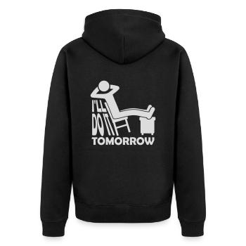 do it tomorrow Zitat - Unisex Premium Bio Zip Hoodie - Schwarz - Hinten - Nico (187cm)