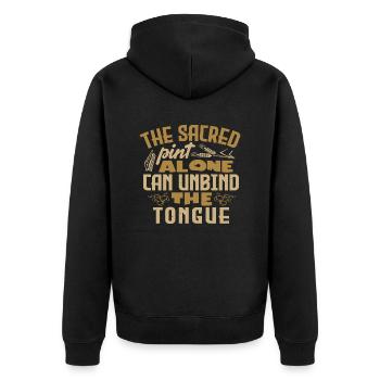 DAS HEILIGE PINT ALLEIN KANN DIE ZUNGE LÖSEN - Unisex Premium Bio Zip Hoodie - Schwarz - Hinten - Nico (187cm)