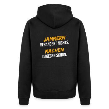 Jammern machen dagegen schon - Unisex Premium Bio Zip Hoodie - Schwarz - Hinten - Nico (187cm)