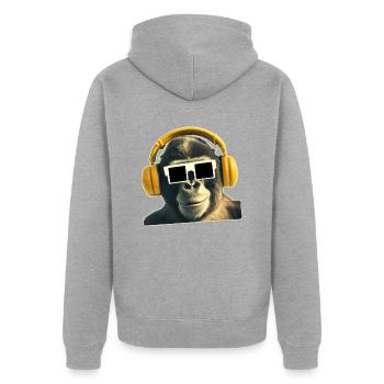 Cooler Affe mit Kopfhoerer und Brille - Unisex Premium Bio Zip Hoodie - Grau meliert - Hinten - Nico (187cm)