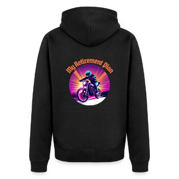 Altersvorsorge Motorradfahren - Unisex Premium Bio Zip Hoodie - Schwarz - Hinten - Nico (187cm)