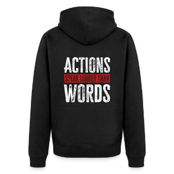 Taten sagen mehr als Worte - Motivationsgeschenk - Unisex Premium Bio Zip Hoodie - Schwarz - Hinten - Nico (187cm)