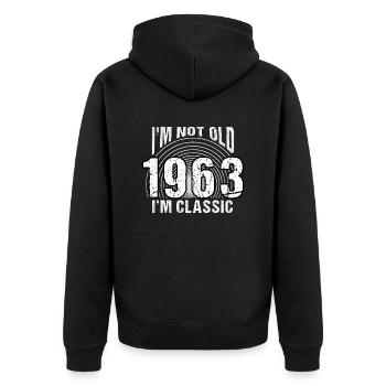 Jahrgang 1963 Retro 61 Jahre alt - Ich bin nicht alt, - Unisex Premium Bio Zip Hoodie - Schwarz - Hinten - Nico (187cm)