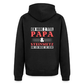 Ich habe 2 Titel Papa und Steinmetz - Unisex Premium Bio Zip Hoodie - Schwarz - Hinten - Nico (187cm)