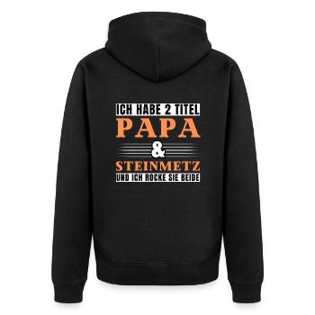 Ich habe 2 Titel Papa und Steinmetz - Unisex Premium Bio Zip Hoodie - Schwarz - Hinten - Nico (187cm)