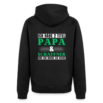 Ich habe 2 Titel Papa und Schaffner - Unisex Premium Bio Zip Hoodie - Schwarz - Hinten - Nico (187cm)