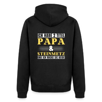 Ich habe 2 Titel Papa und Steinmetz - Unisex Premium Bio Zip Hoodie - Schwarz - Hinten - Nico (187cm)